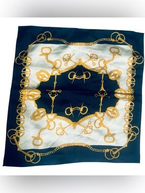 Vintage, Italy Equestrian EUC Neckerchief, Bandana, Navy and Gold 19”
